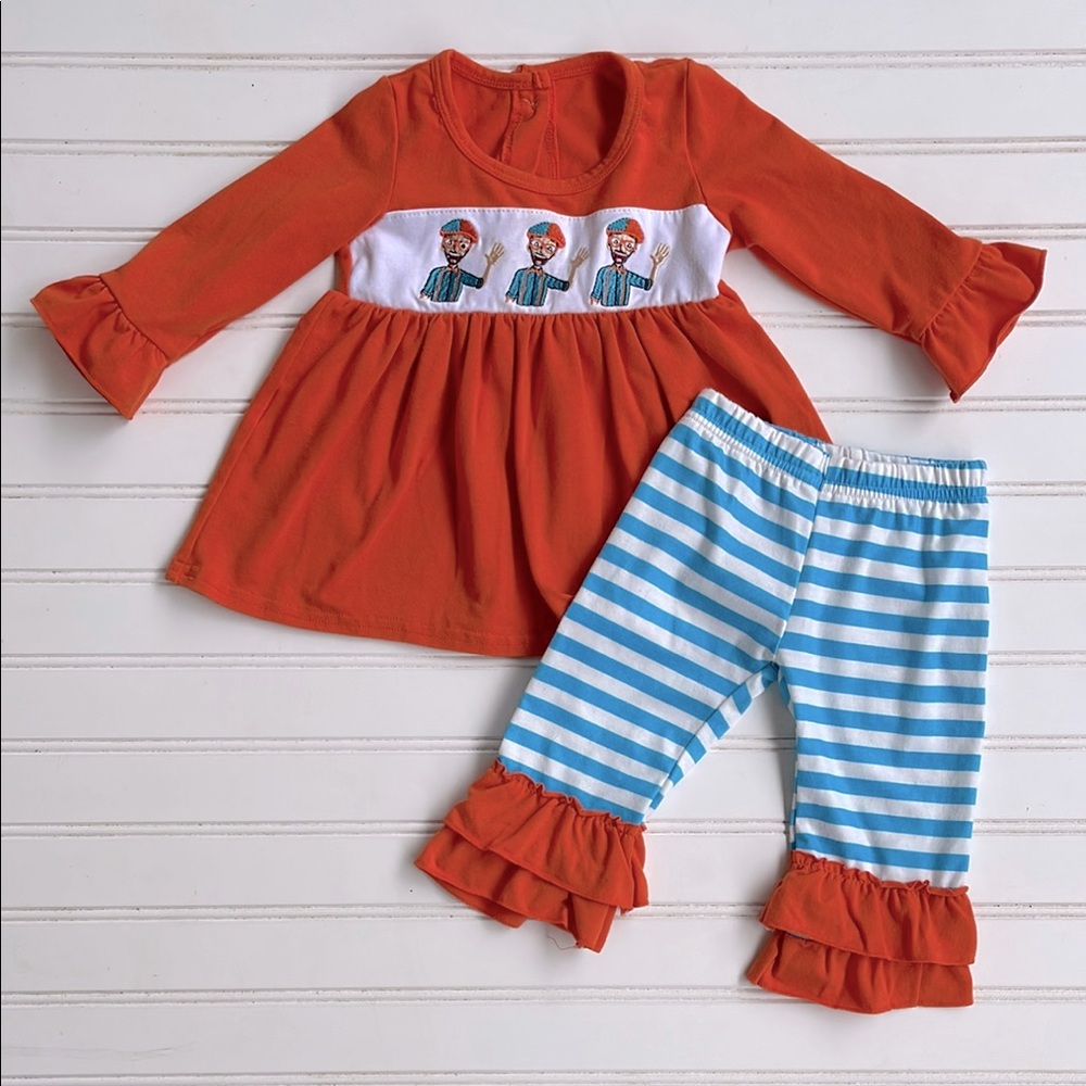 BOUTIQUE EUC Embroidered Blippi Dress Ruffle Leggings Matching Set